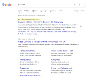 Screenshot of a Google search for 'pizza hut' showing a Google Ad of Domino as the top result